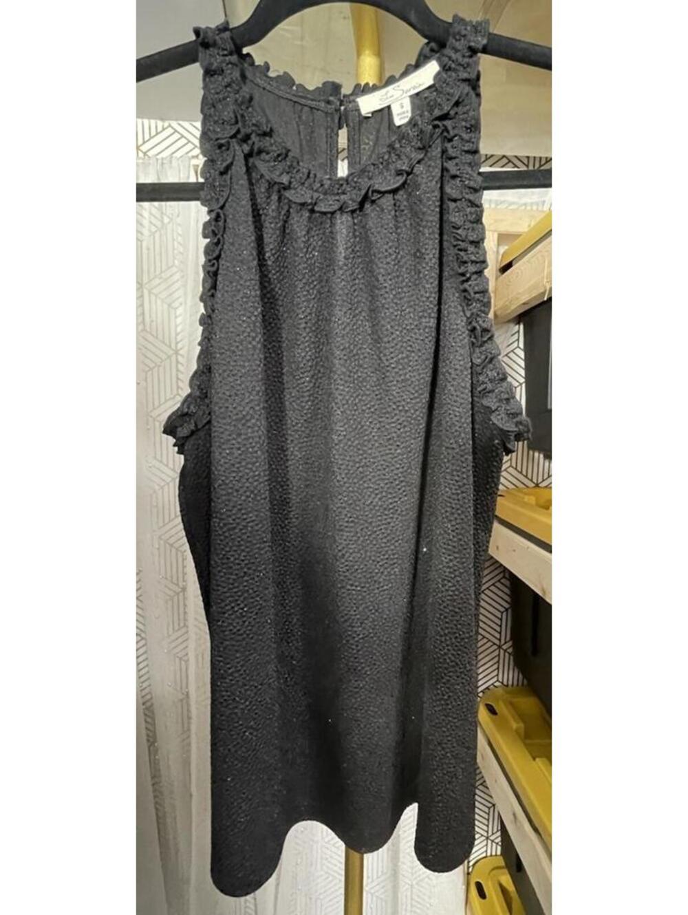 Les Serein Women’s Ruffle Detail Sleeveless Blouse Black Size S Shimmery